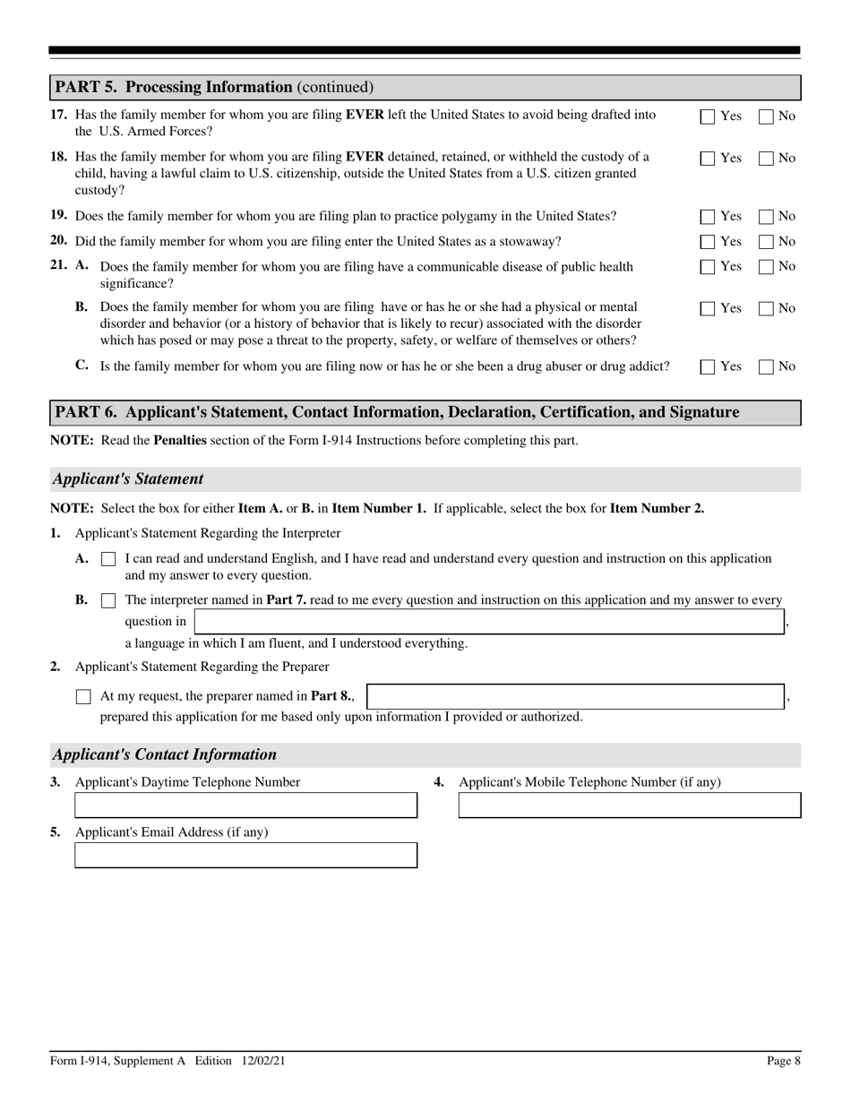 USCIS Form I-914 Supplement A Application for Family Member of T-1 Recipient, Page 8
