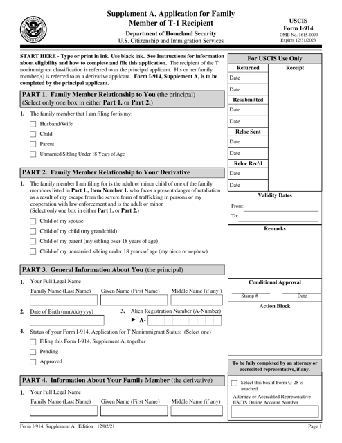 USCIS Form I-914 Supplement A  Printable Pdf