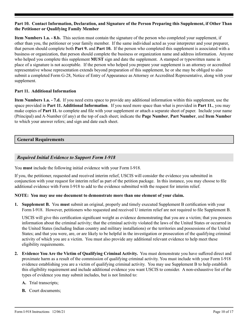 Instructions for USCIS Form I-918 Supplement A, Page 10