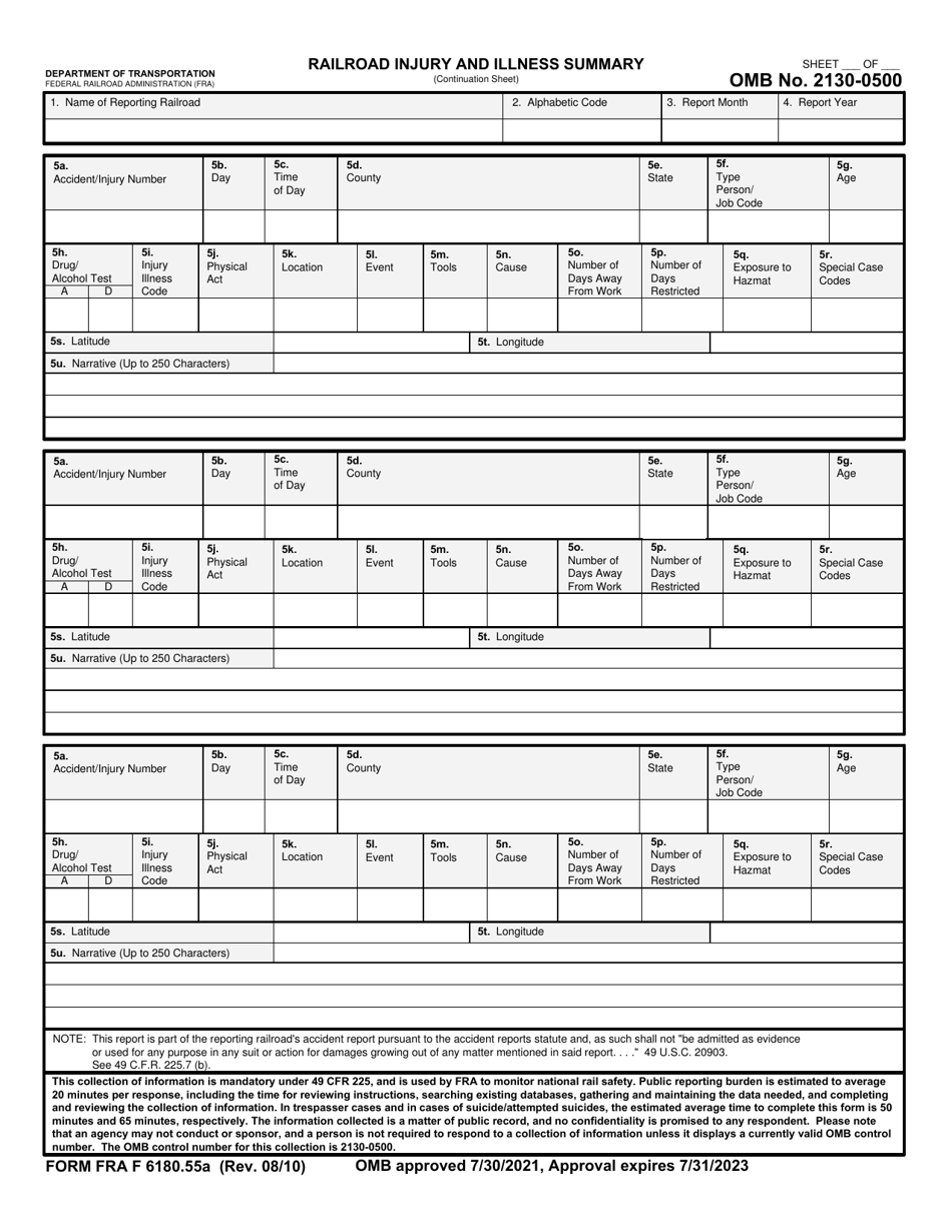 FRA Form 6180.55A Railroad Injury and Illness Summary (Continuation Sheet), Page 1