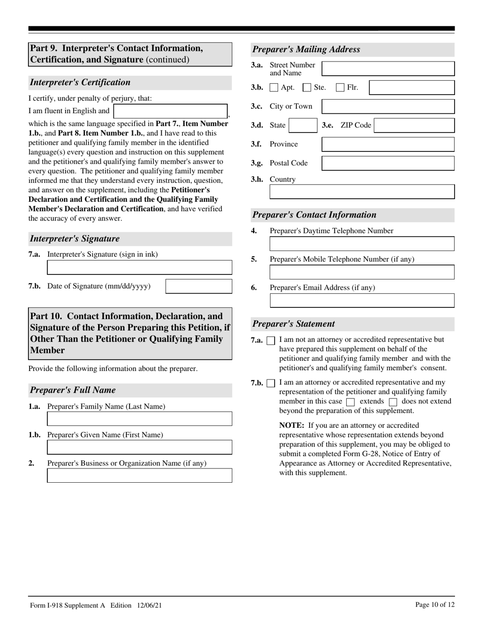 USCIS Form I-918 Supplement A Petition for Qualifying Family Member of U-1 Recipient, Page 10