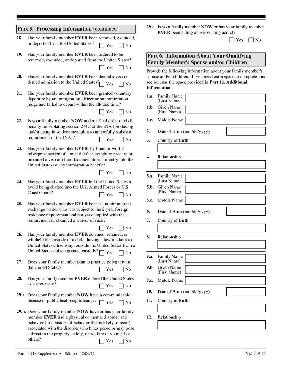 USCIS Form I-918 Supplement A Petition for Qualifying Family Member of U-1 Recipient, Page 7