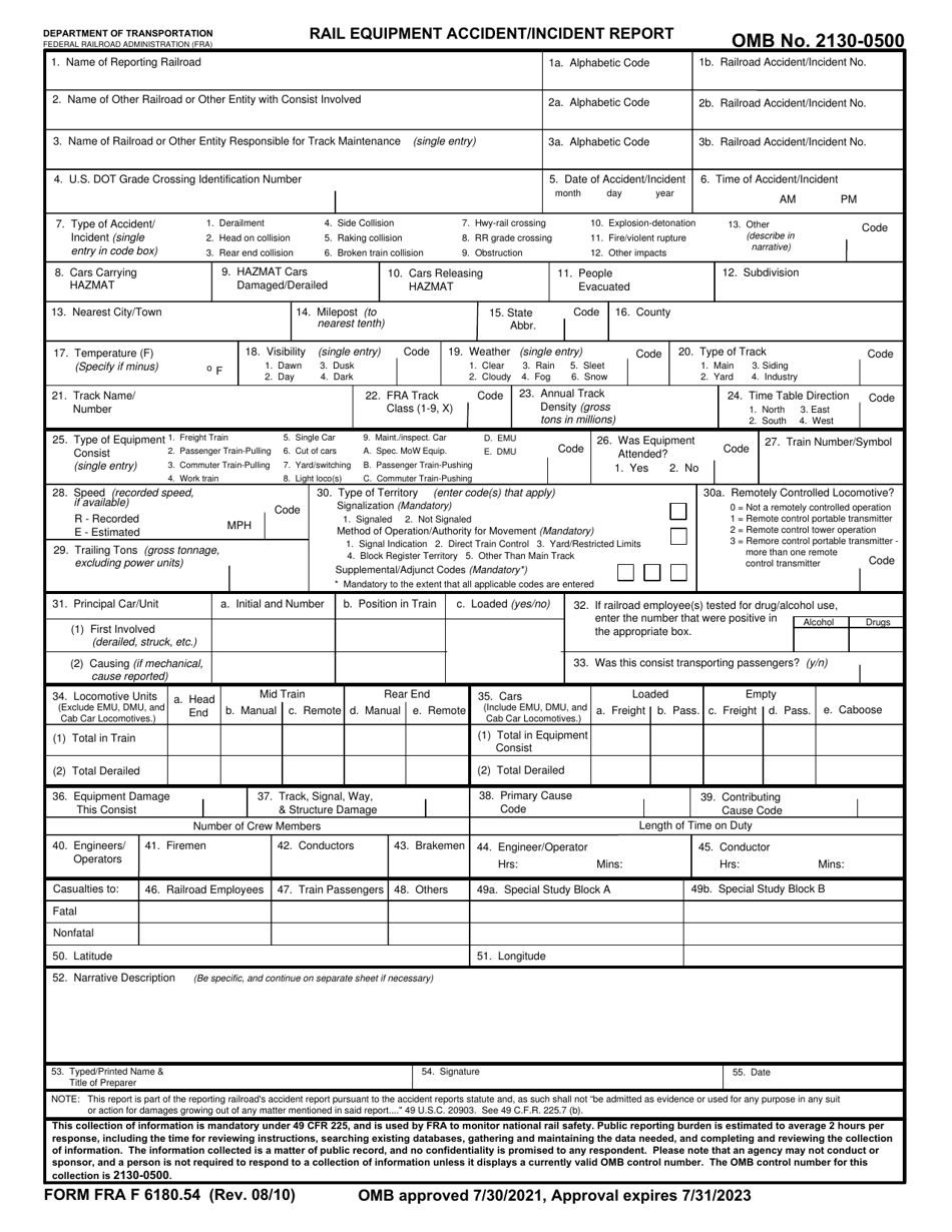 FRA Form 6180.54 Rail Equipment Accident / Incident Report, Page 1
