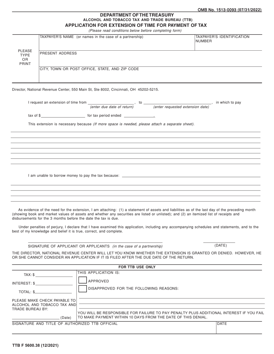 TTB Form 5600.38 Application for Extension of Time for Payment of Tax, Page 1