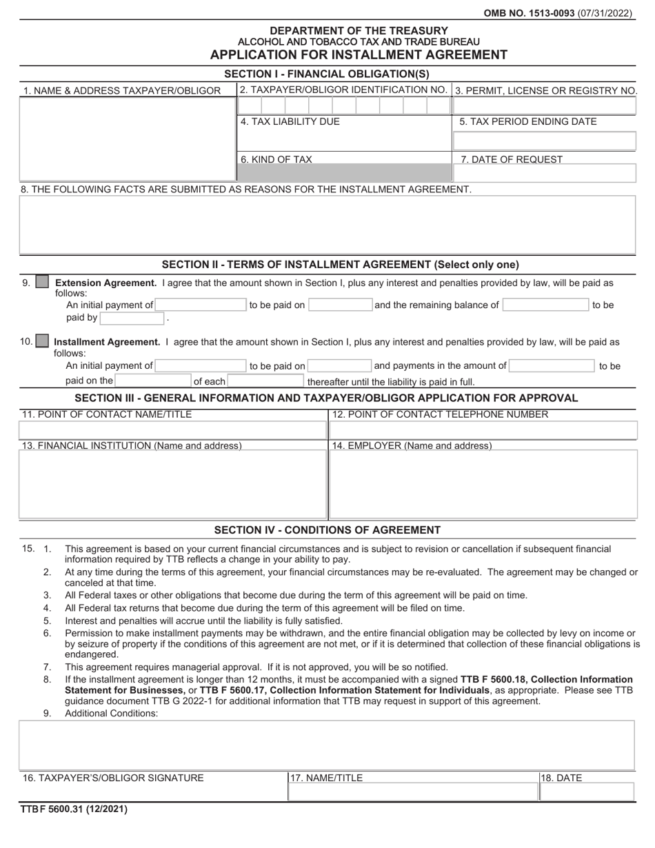 TTB Form 5600.31 Application for Installment Agreement, Page 1