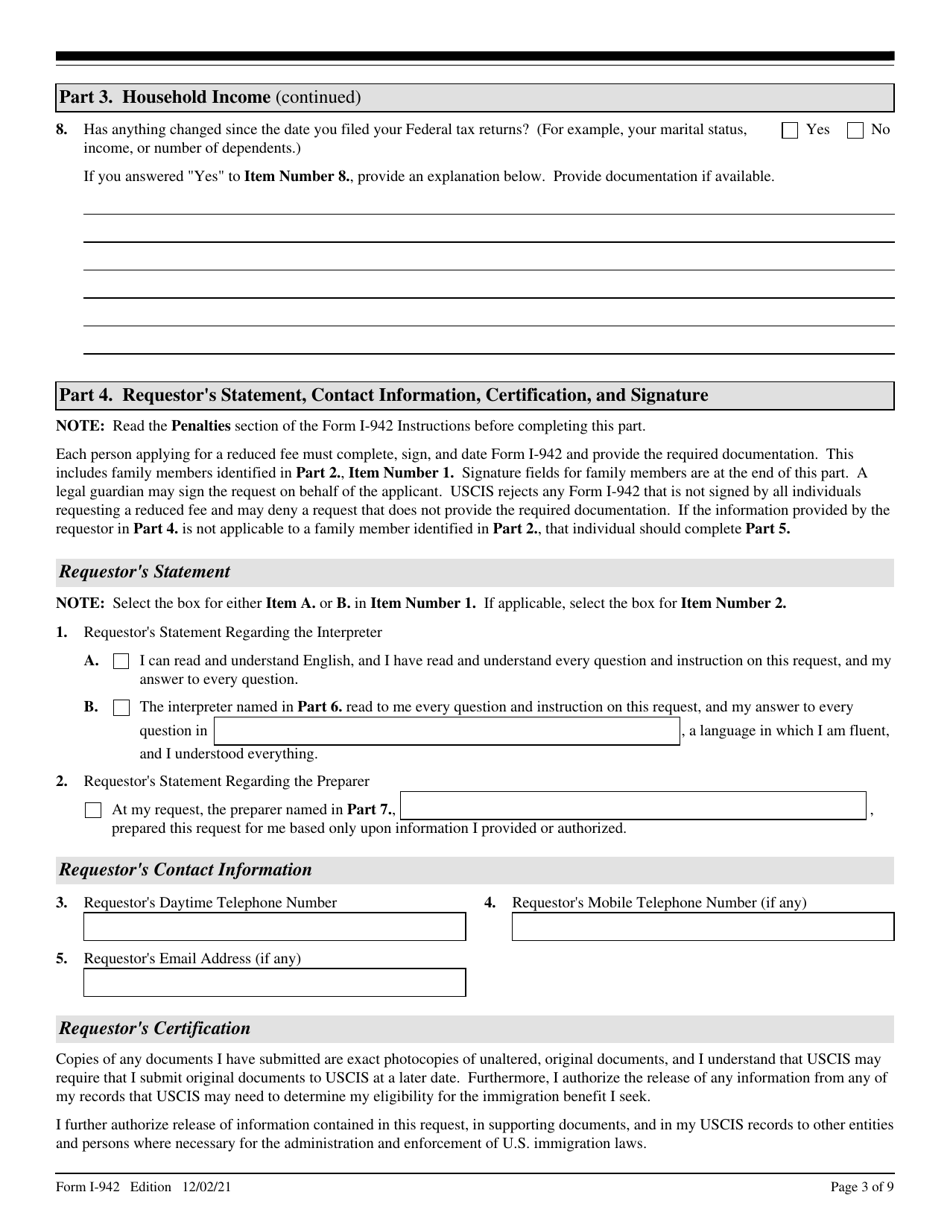 USCIS Form I-942 Request for Reduced Fee, Page 3