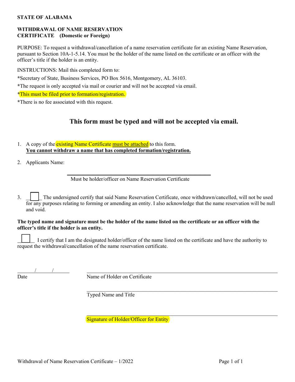 Withdrawal of Name Reservation Certificate (Domestic or Foreign) - Alabama, Page 1
