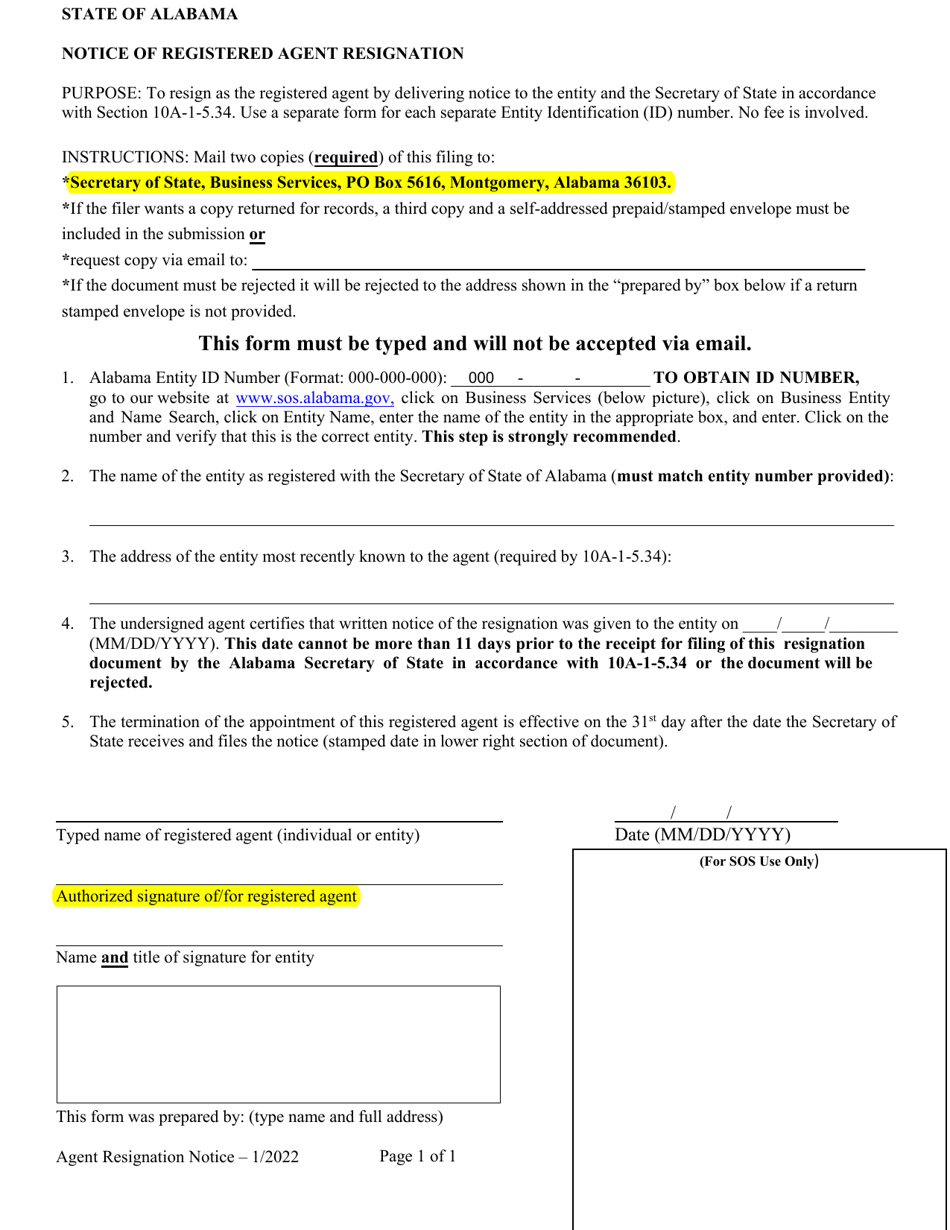 Notice of Registered Agent Resignation - Alabama, Page 1