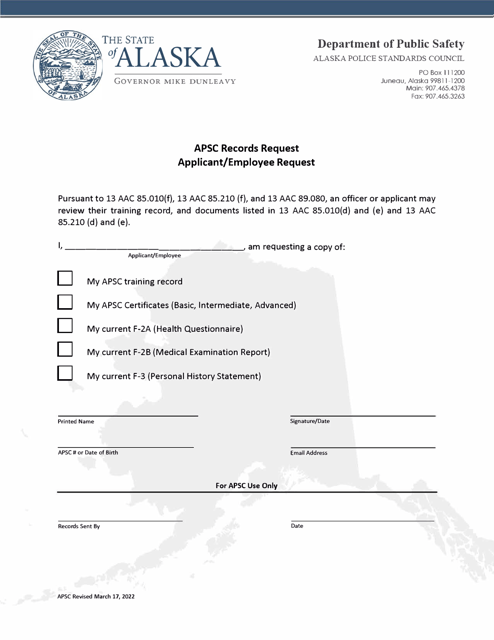 Apsc Records Request - Applicant/Employee Request - Alaska