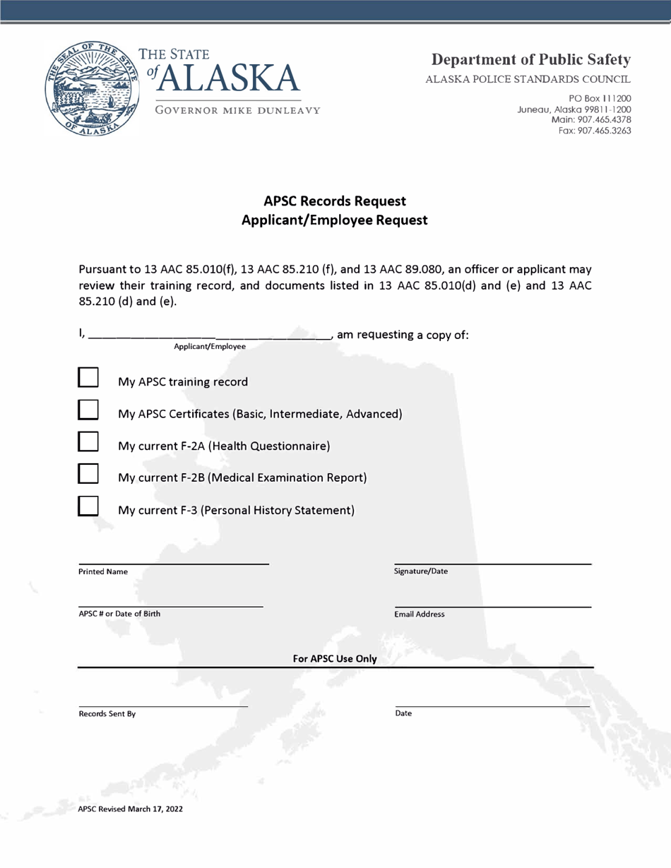 Apsc Records Request - Applicant / Employee Request - Alaska, Page 1