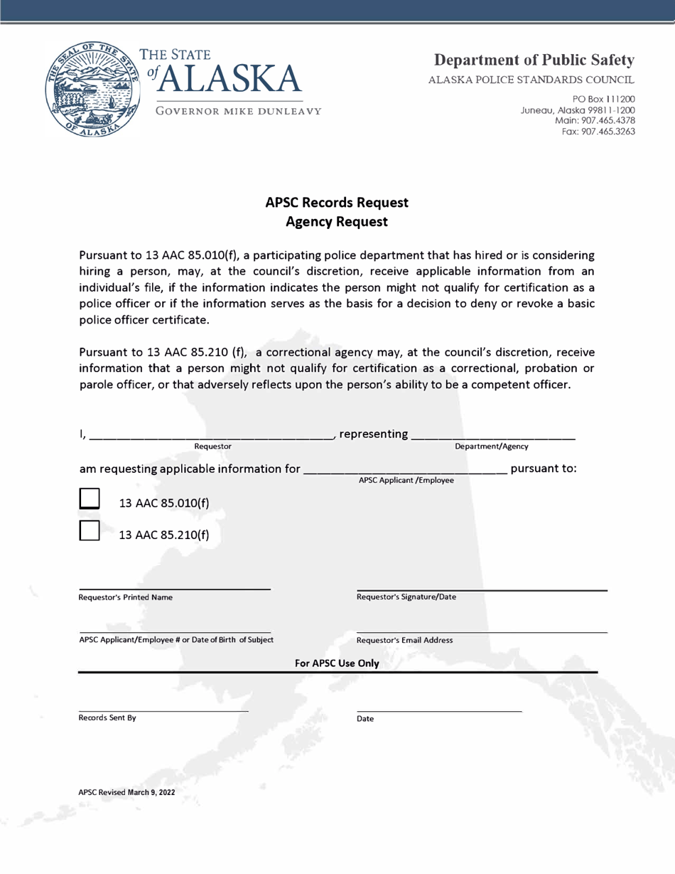 Apsc Records Request - Agency Request - Alaska, Page 1