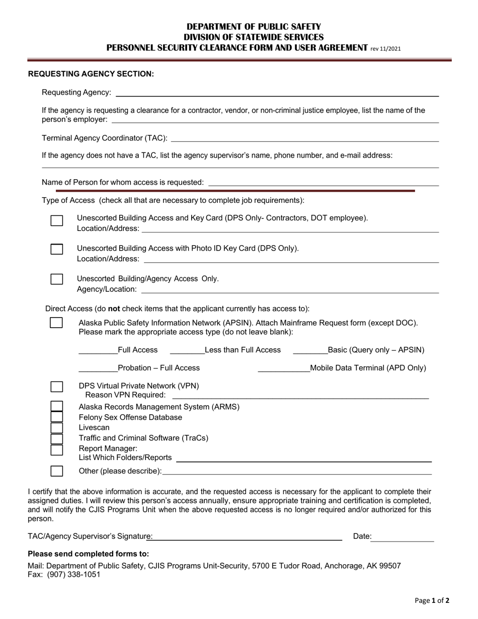 Personnel Security Clearance Form and User Agreement - Alaska, Page 1