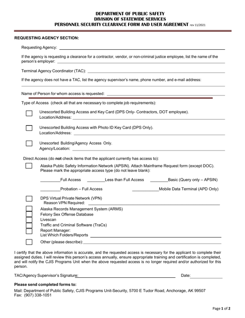 Personnel Security Clearance Form and User Agreement - Alaska