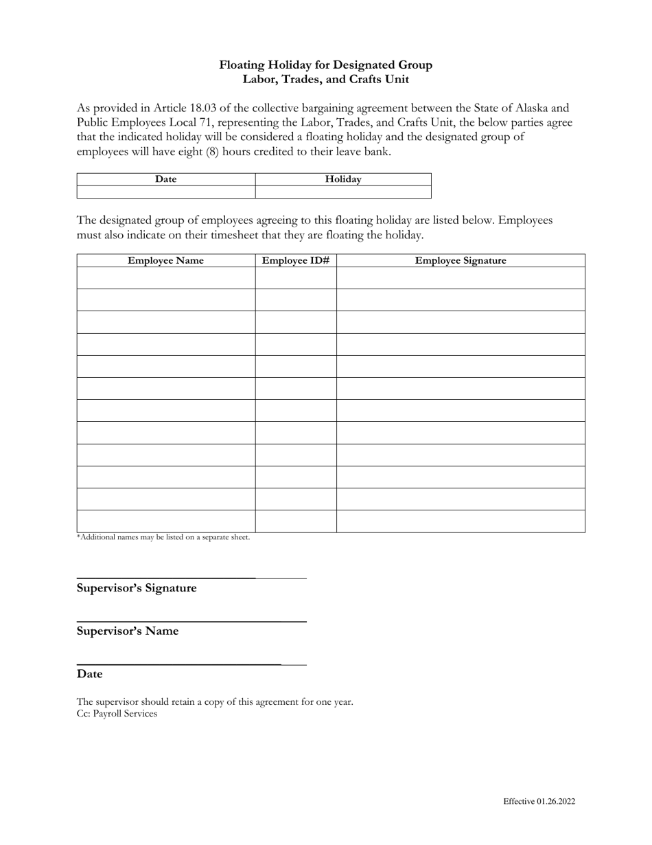 Alaska Floating Holiday for Designated Group Labor, Trades, and