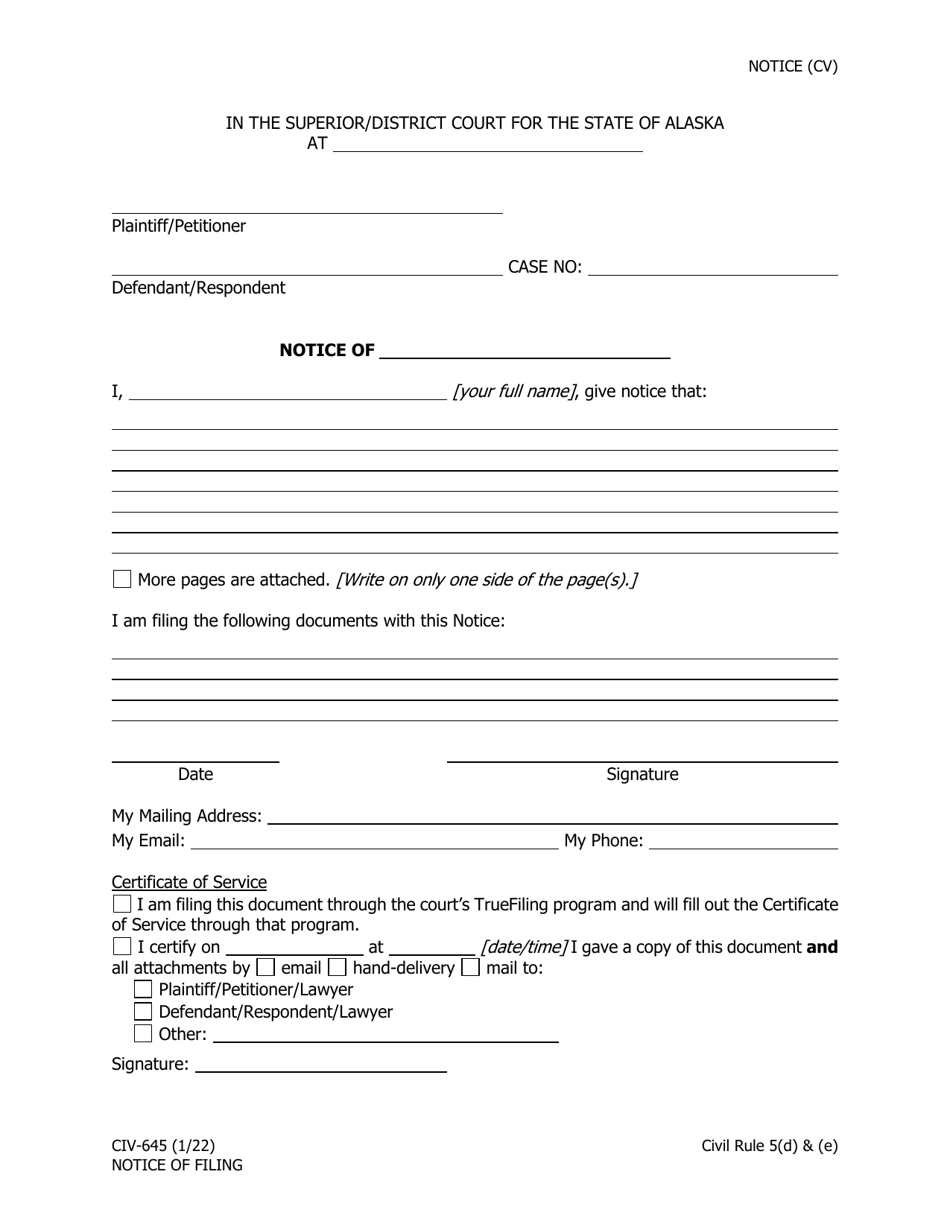 Form CIV-645 Notice of Filing - Alaska, Page 1