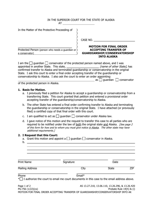Form PG-756 Motion for Final Order Accepting Transfer of Guardianship/Conservatorship Into Alaska - Alaska