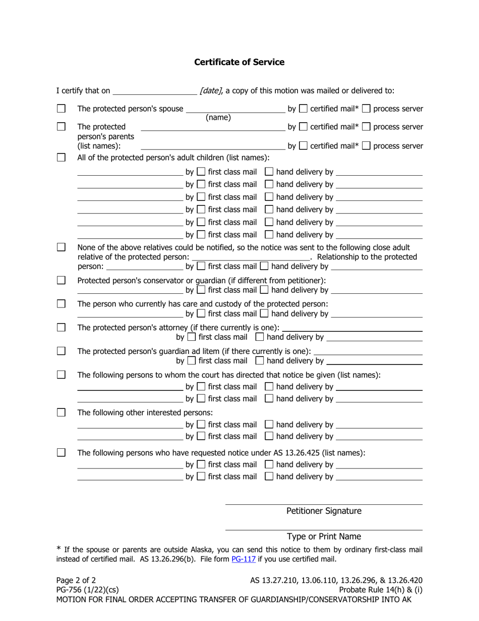 Form PG-756 Motion for Final Order Accepting Transfer of Guardianship / Conservatorship Into Alaska - Alaska, Page 2