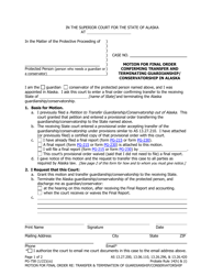 Document preview: Form PG-758 Motion for Final Order Confirming Transfer and Terminating Guardianship/Conservatorship in Alaska - Alaska
