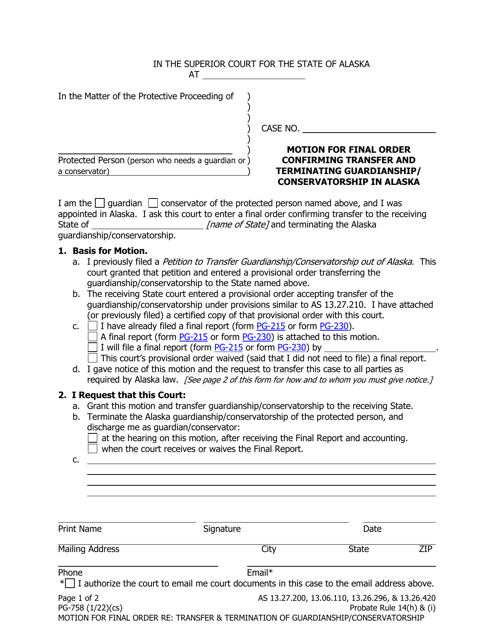 Form PG-758 Motion for Final Order Confirming Transfer and Terminating Guardianship/Conservatorship in Alaska - Alaska