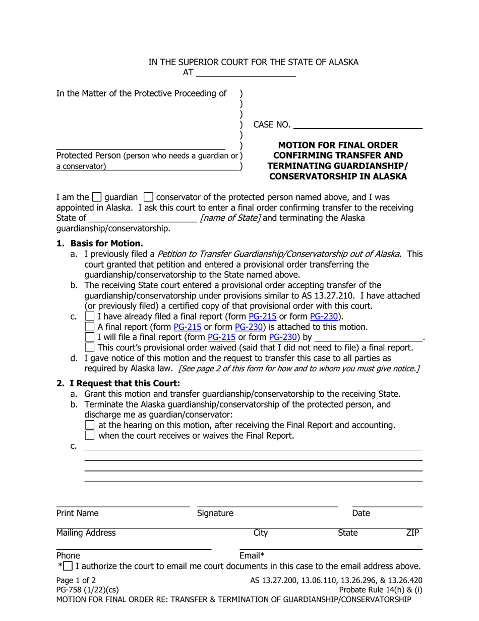 Form PG-758 Motion for Final Order Confirming Transfer and Terminating Guardianship / Conservatorship in Alaska - Alaska, Page 1