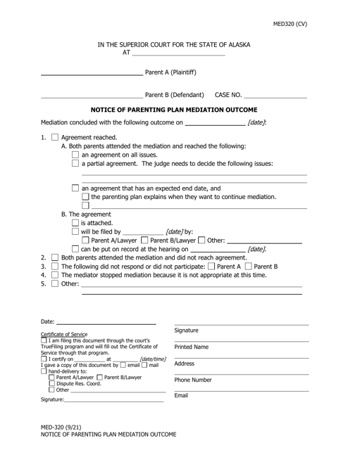 Form MED-320 Notice of Parenting Plan Mediation Outcome - Alaska