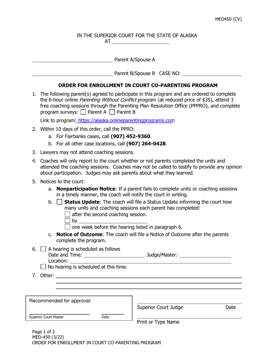 Form MED-450 Order for Enrollment in Court Co-parenting Program - Alaska, Page 1