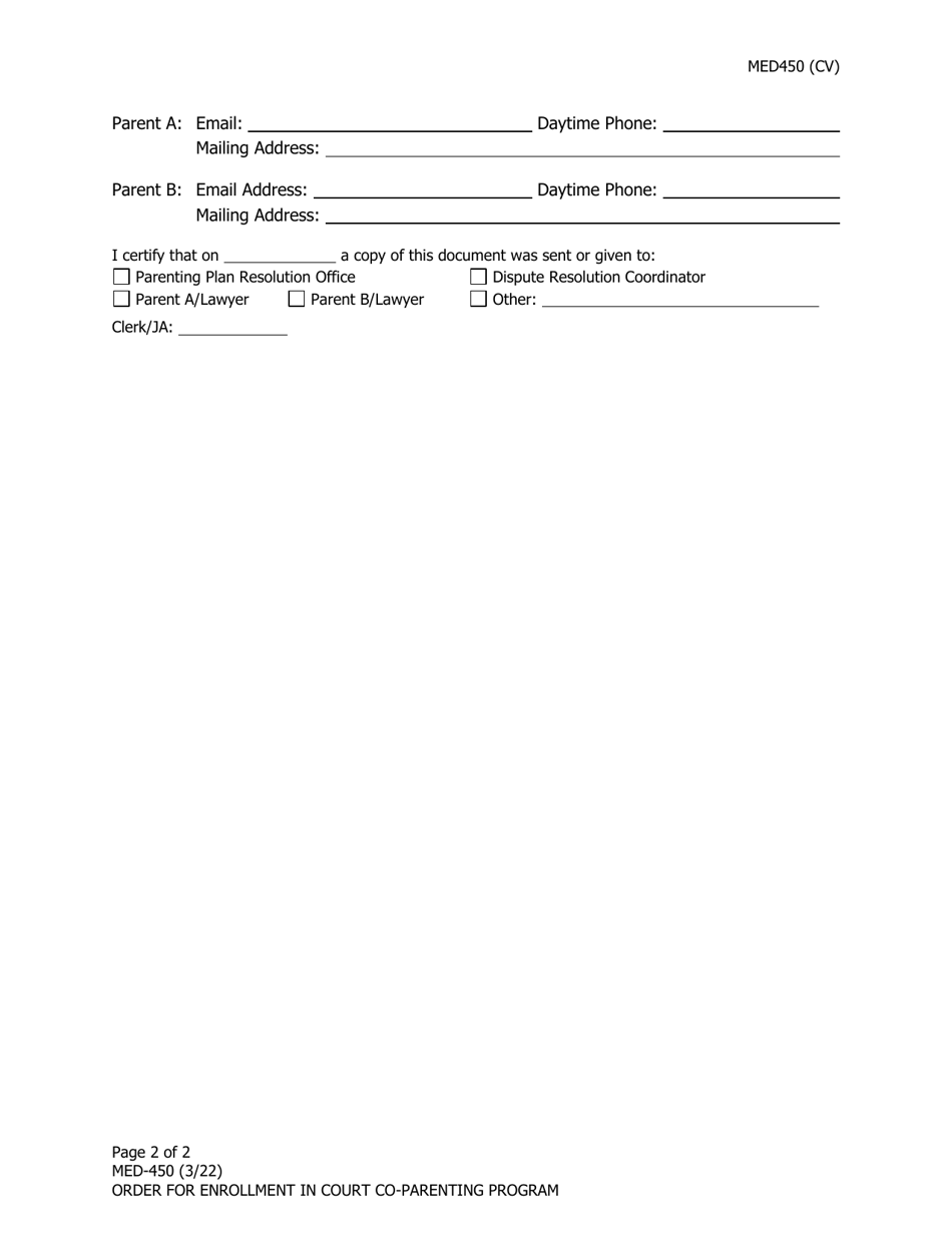 Form MED-450 Order for Enrollment in Court Co-parenting Program - Alaska, Page 2