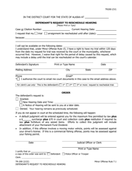 Document preview: Form TR-200 Defendant's Request to Reschedule Hearing - Alaska