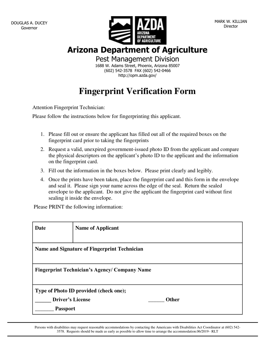 Fingerprint Verification Form - Arizona, Page 1
