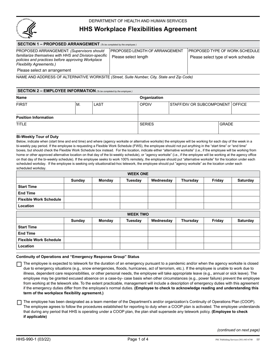 Form HHS-990-1 Hhs Workplace Flexibilities Agreement, Page 1