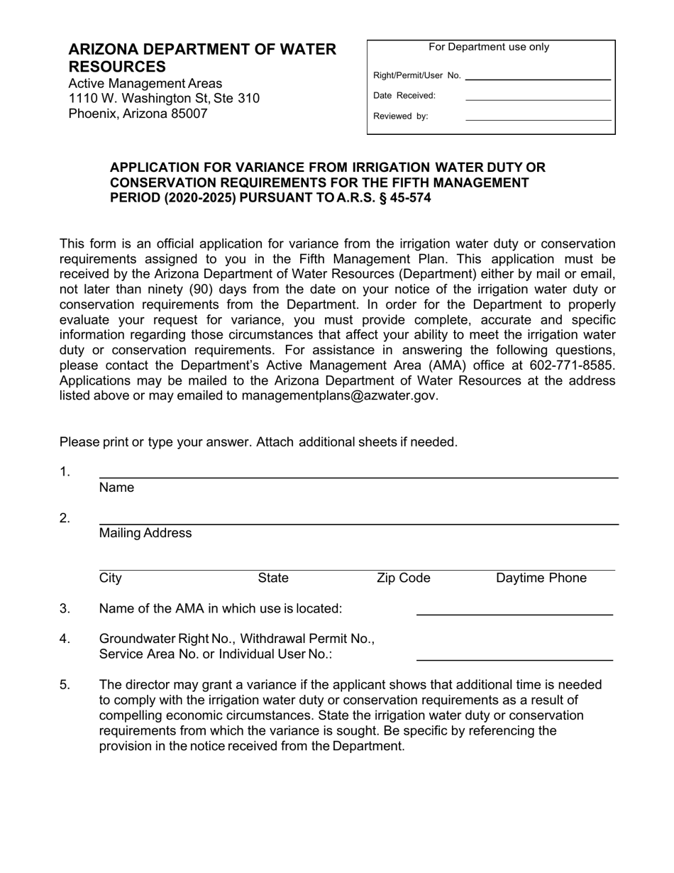 Application for Variance From Irrigation Water Duty or Conservation Requirements - Arizona, Page 1