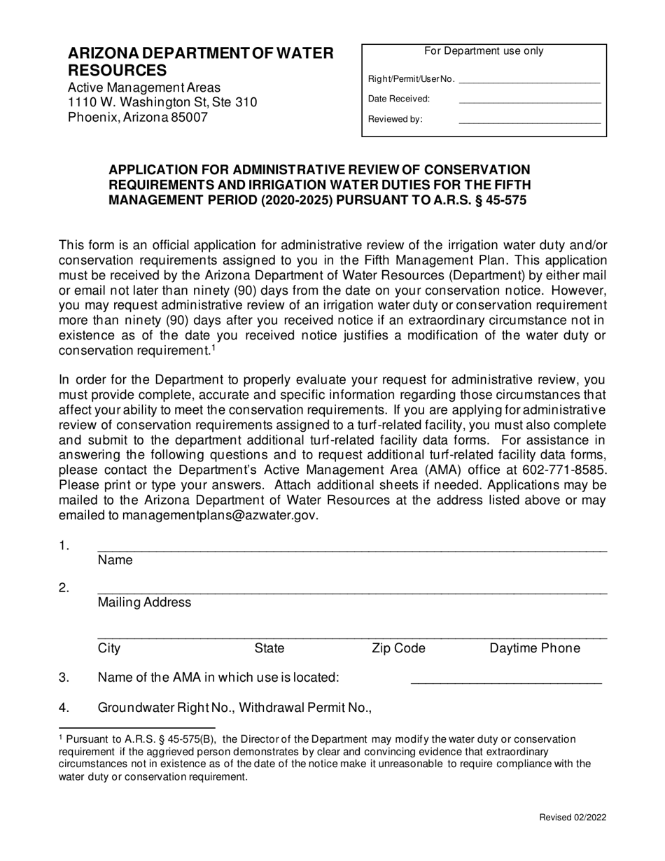 Application for Administrative Review of Conservation Requirements and Irrigation Water Duties - Arizona, Page 1