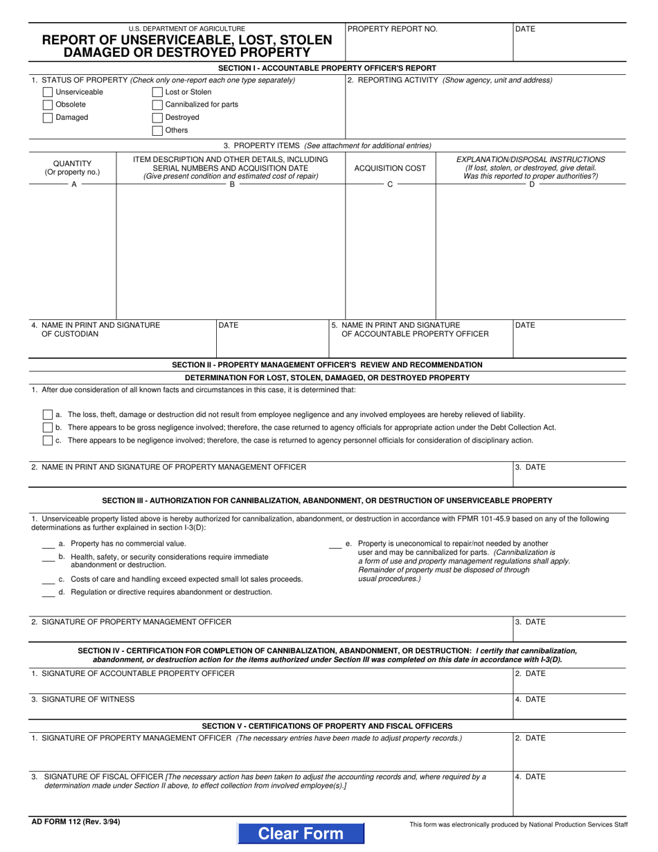 Form AD-112 Report of Unserviceable, Lost, Stolen Damaged or Destroyed Property, Page 1
