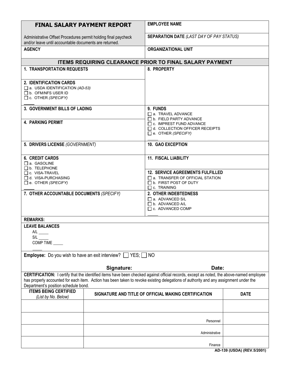 Form AD-139 Final Salary Payment Report, Page 1