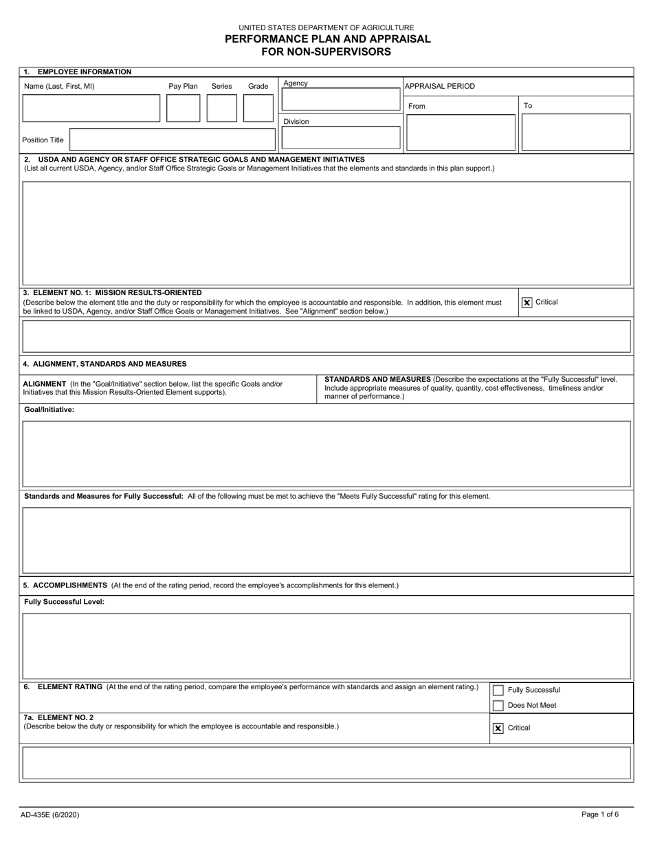 Form AD-435E Performance Plan and Appraisal for Non-supervisors, Page 1