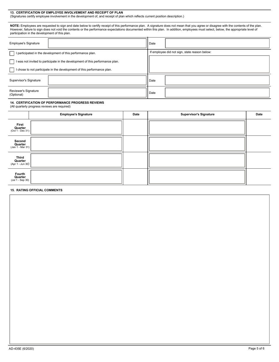 Form AD-435E Performance Plan and Appraisal for Non-supervisors, Page 5