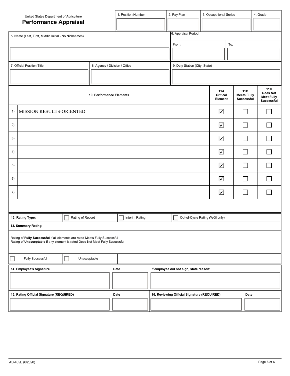 Form AD-435E Download Fillable PDF or Fill Online Performance Plan and ...