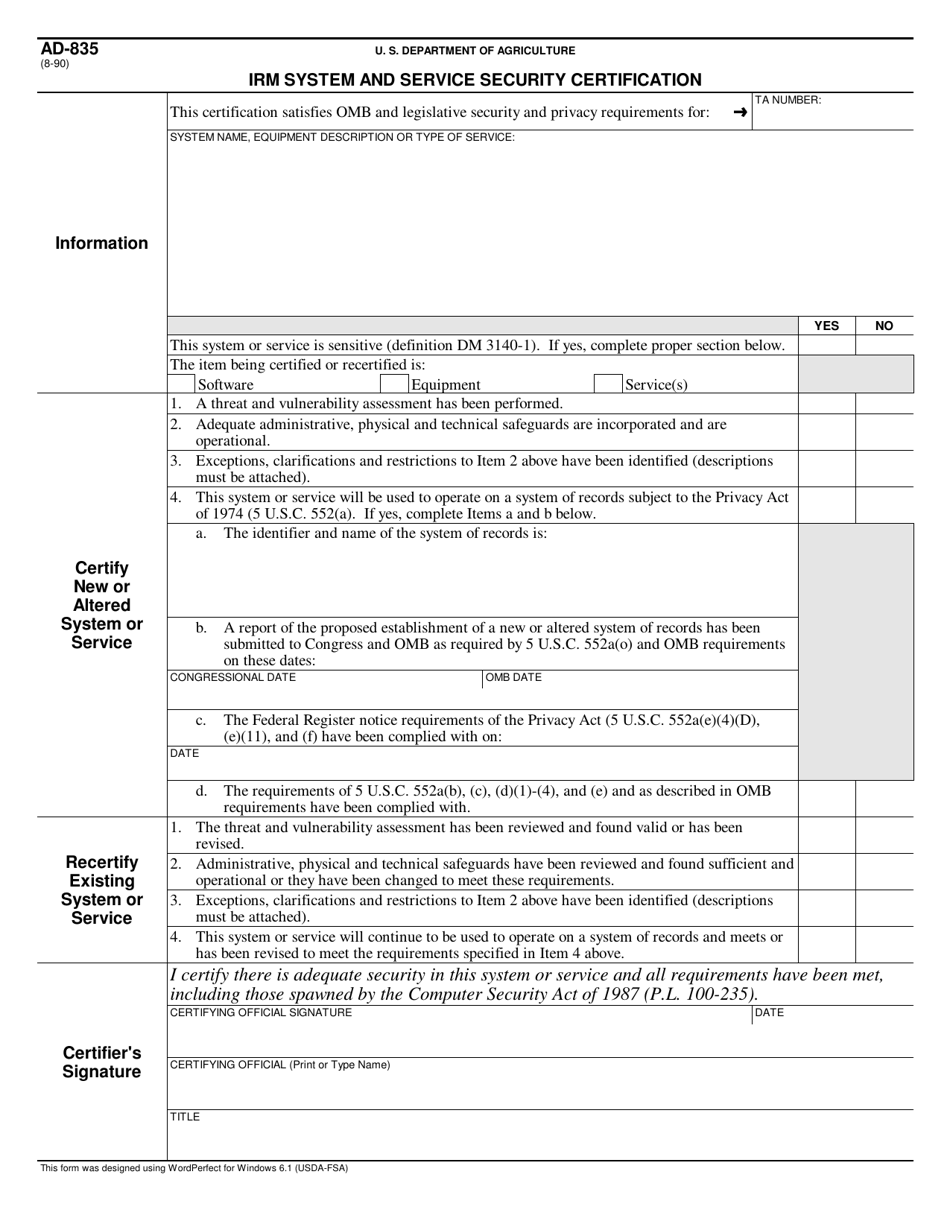Form AD-835 Irm System and Service Security Certification, Page 1