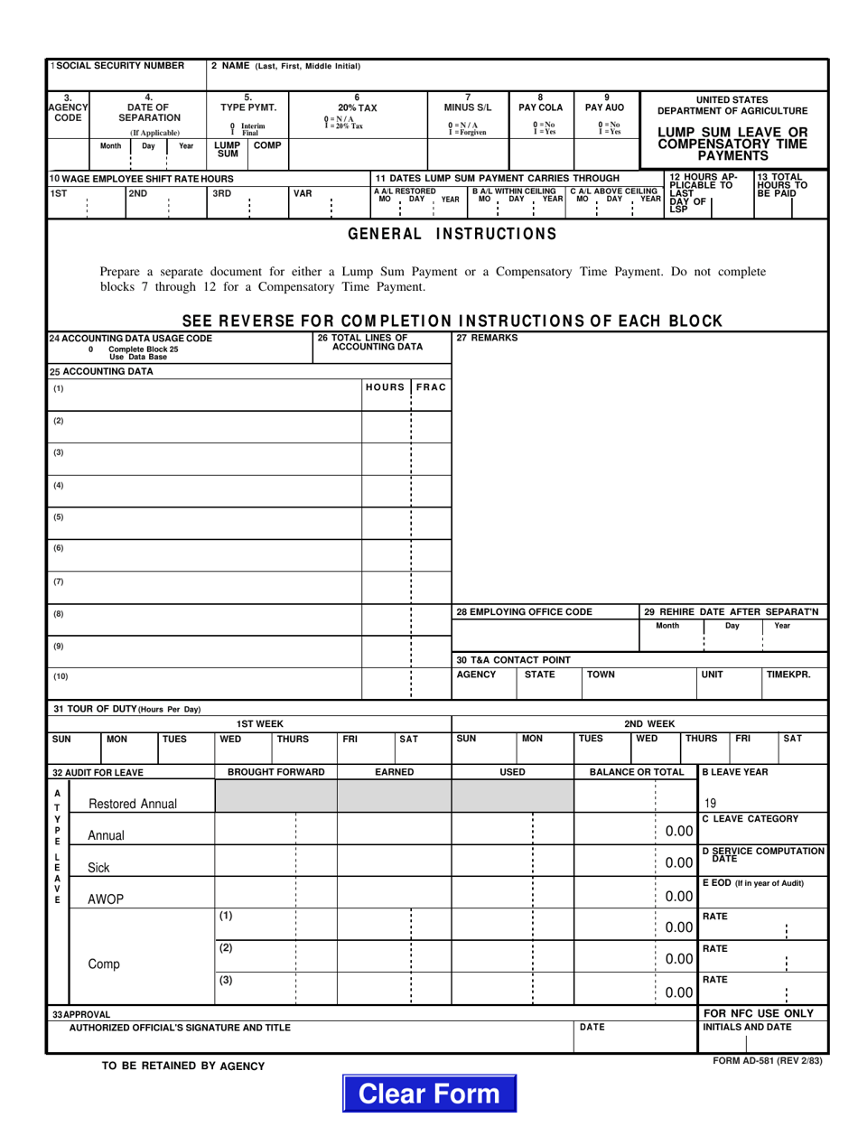 Form AD-581 Lump Sum Leave or Compensatory Time Payments, Page 1