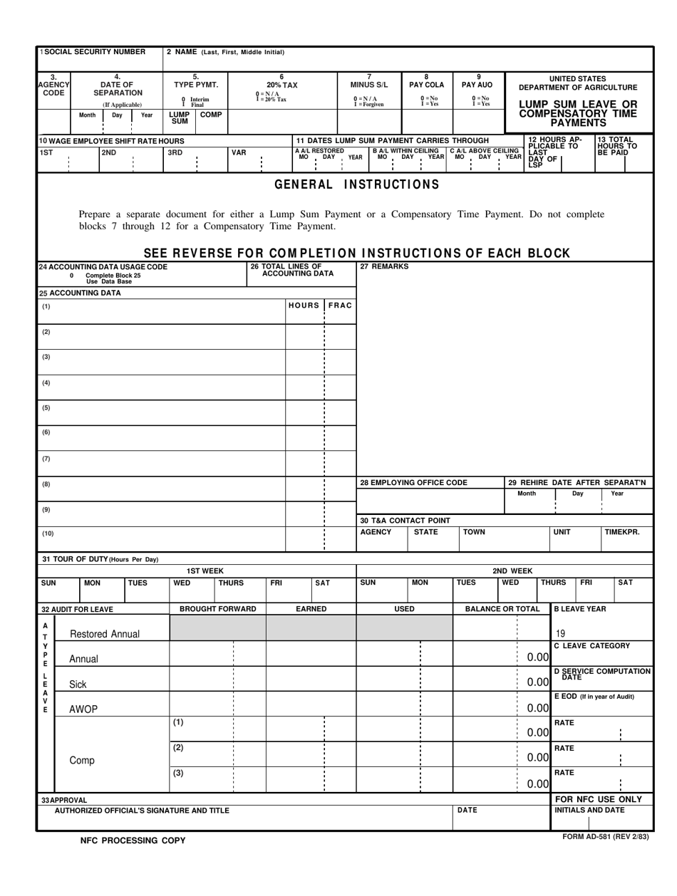 Form AD-581 Lump Sum Leave or Compensatory Time Payments, Page 3