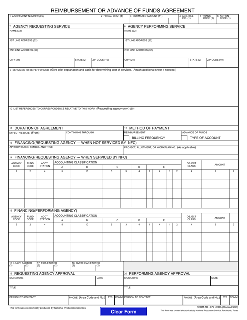 Form AD-672 Reimbursement or Advance of Funds Agreement