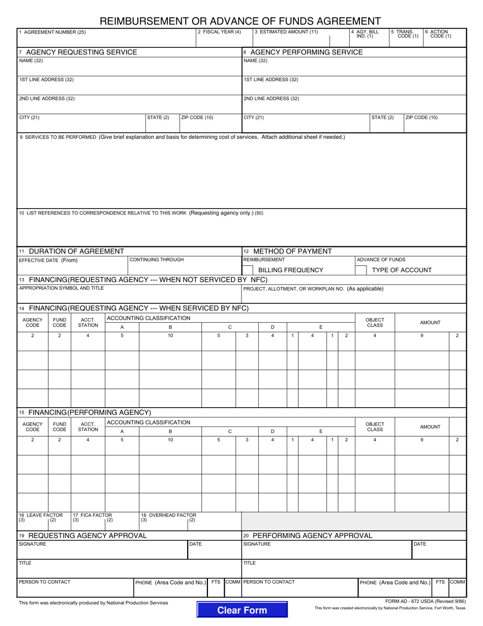 Form AD-672 Reimbursement or Advance of Funds Agreement, Page 1