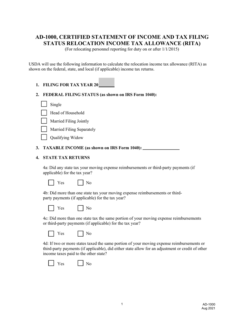 Form AD-1000 Certified Statement of Income and Tax Filing Status Relocation Income Tax Allowance (Rita), Page 1