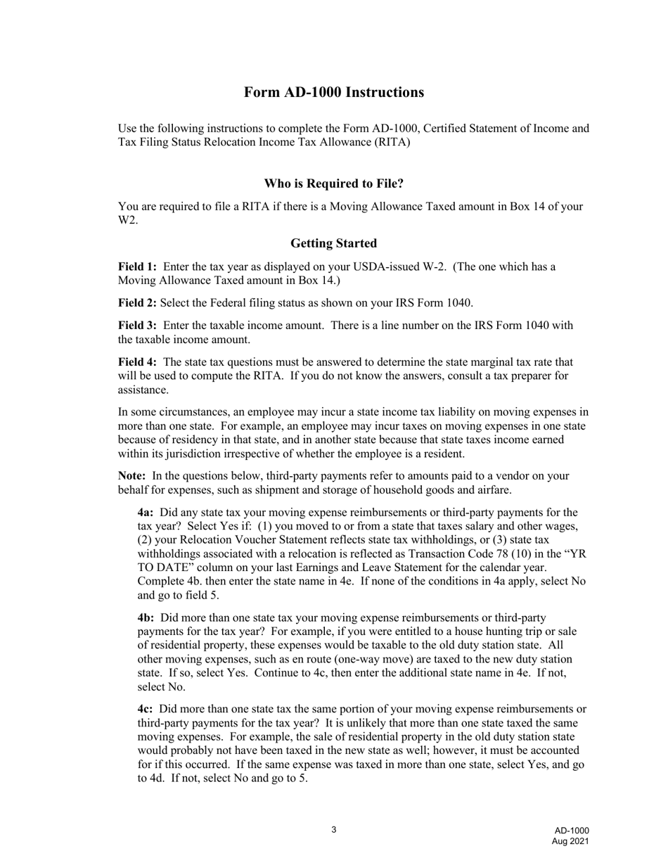 Form AD-1000 Certified Statement of Income and Tax Filing Status Relocation Income Tax Allowance (Rita), Page 3