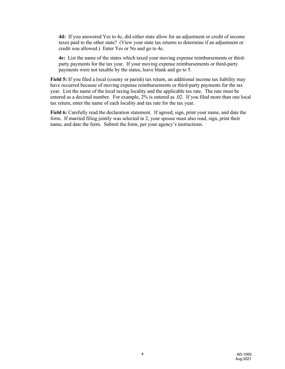Form AD-1000 Certified Statement of Income and Tax Filing Status Relocation Income Tax Allowance (Rita), Page 4