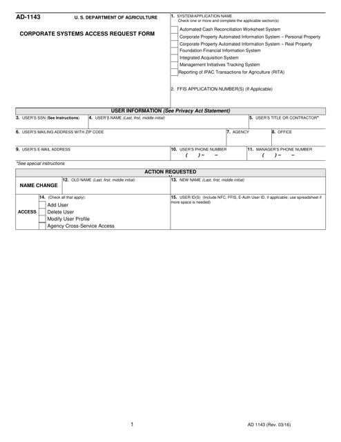 Form AD-1143 Corporate Systems Access Request Form