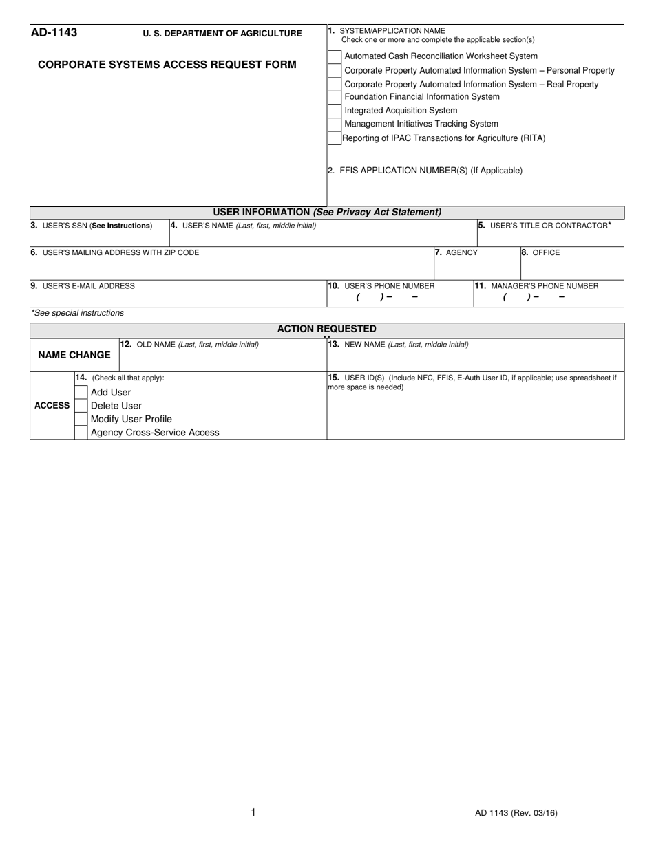 Form AD-1143 Corporate Systems Access Request Form, Page 1