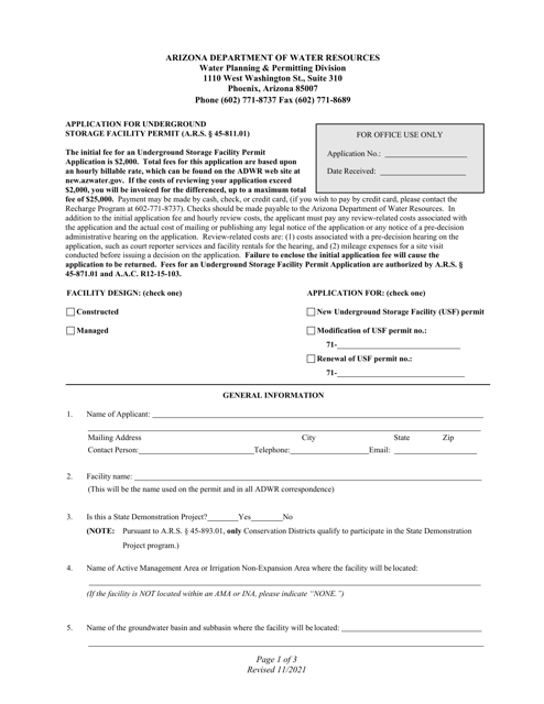 Application for Underground Storage Facility Permit - Arizona Download Pdf