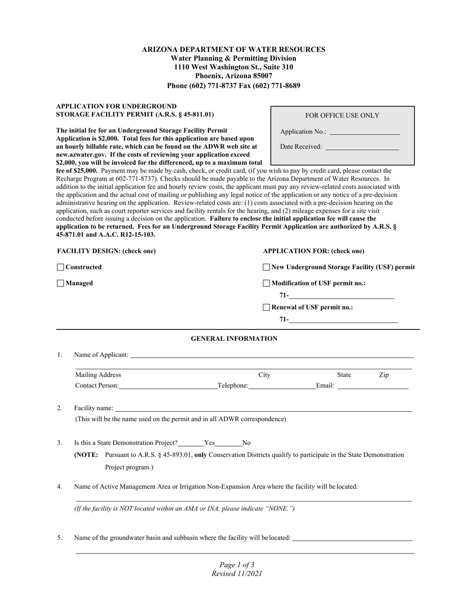 Application for Underground Storage Facility Permit - Arizona, Page 1