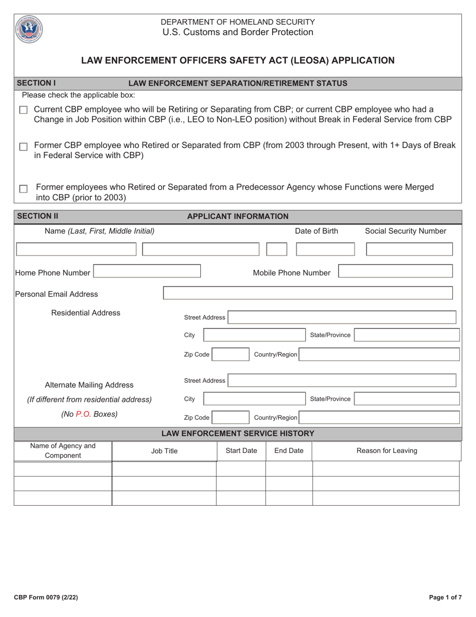 CBP Form 0079 Law Enforcement Officers Safety Act (Leosa) Application, Page 1
